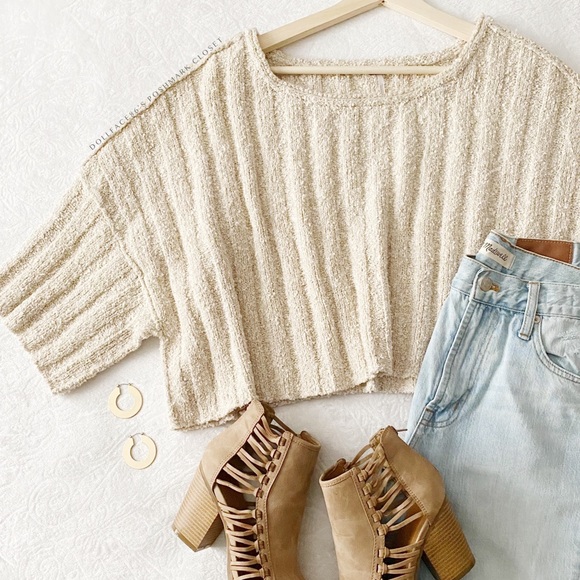 Free People Oatmeal Colored Chunky Knit Cropped Sweater - Picture 9 of 16